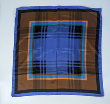 Italian Plaid Scarf Blue Brown 80s 100 Polyester Vintage Made in Italy 30x31