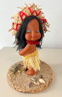 Vintage Rubber Hawaiian Hula Girl Doll Aloha Hat Crab Flower Bee