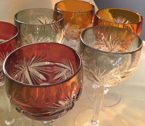 Bohemian Czech Hand Cut to Clear Crystal Wine Goblet 6 Glasses Red Amber Green* - Picture 3 of 12