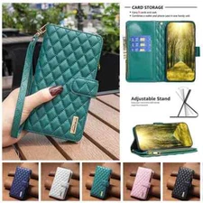 For iPhone 13 12 Pro 11 XR XS Diamond Lattice Leather Zipper Wallet Case Cover