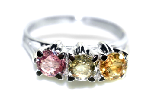Bague fantaisie saphirs or blanc 9 carats rose jaune vert saphirs trilogie bague N/7 liquidation