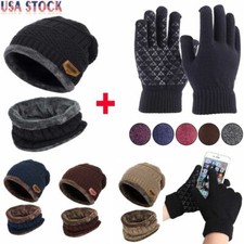 3Pcs Set Winter Knit Beanie Hat Scarf Touch Screen Ski Gloves Cap Warm Men Women