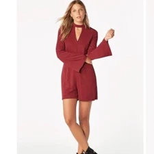 NWT JustFab | Red Wine Solid V-Neck Mock Neck Bell Sleeve Romper, S