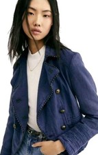 Free People Cadet Coat Military Blazer Jacket Night Blue Wash Linen Size XS New