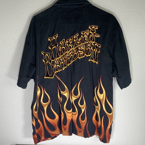 Harley Davidson Shirt Size XL Black Flames Embroidery Button Up Pockets Shop
