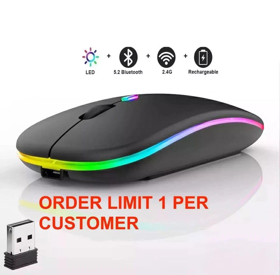 Wireless Mouse Bluetooth Optical 2.4GHz USB Rechargeable RGB Mice for PC Laptop - Image 3 of 4