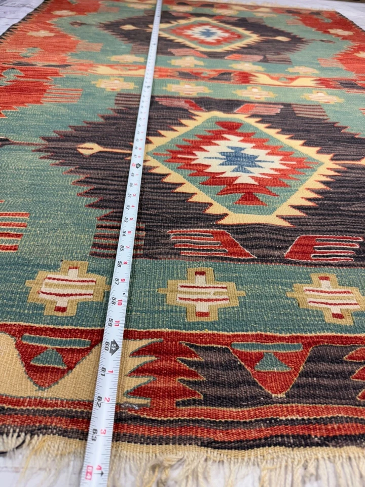 复古手工编织 Kilim 羊毛黄麻阿富汗阿兹特克印花小地毯多色 45 × 63 — 第 2/4 张图片