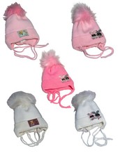Winter Hat for Baby Girls Knitted Cotton Lined with Faux Fur Ball Pom Pom Cap