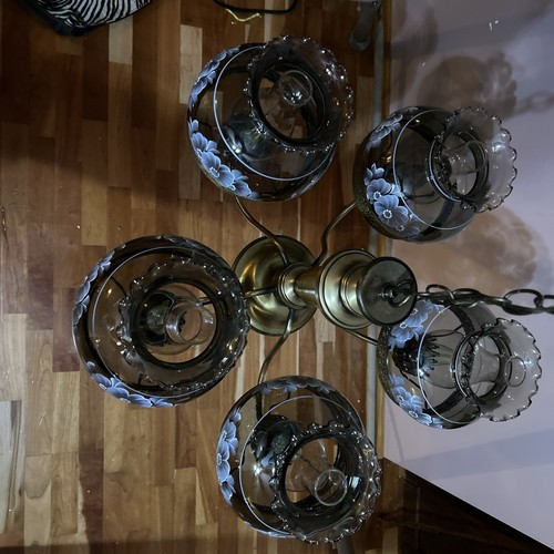 Beautiful Vintage Brass 5 Arm Chandelier Blue Flowers Hand Painted - Picture 10 of 13