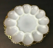 VTG Anchor Hocking White MILK GLASS Egg or Oyster Platter GOLD TRIM