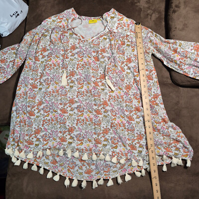 ROBERTA ROLLER RABBIT BLOUSE TASSLED DRAWSTRING ALL OVER BIRDS AND FLORAL PRINT
