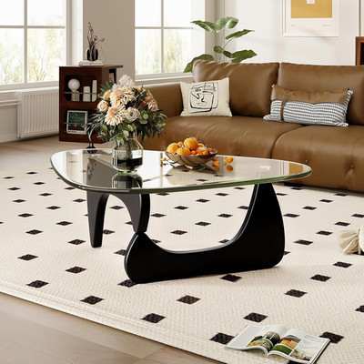 Mid Century Black Coffee Table with Triangle Glass Top for Small Spaces