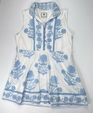 SUE SARTOR Sleeveless Flounce Mini Dress Blue White Floral With Sash Belt *Read*