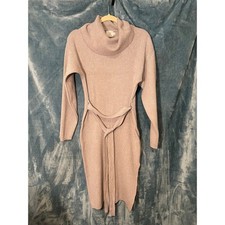 Luna Ivy Grey Ribbed Knit Cowl Neck Belted Midi Sweater Dress T5186 Size M/L