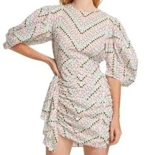 NEW $445 RHODE PIA EMBROIDERED CHEVRON SHIRRED MINI DRESS SIZE L