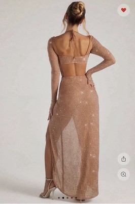 Sequin Mesh Long Sleeve Side Slit Maxi Dress Nude Gold Evening Gown | eBay