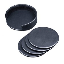 Black Leather 4-Round Coaster Set