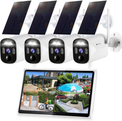 Solar Security Camera Outdoor System with Monitor | 4Pcs Wireless Solar Powered