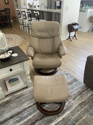 Fjords Beige Leather Recliner Chair with Ottoman and Dark Wood Base