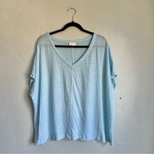 J. Jill | Love Leinen Kurzarm V-Ausschnitt Oversized T-Shirt Gr. XL Capri Blau