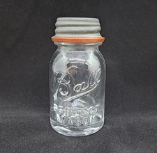 Tarro de albañil perfecto vintage BALL mini muestra de vendedor ~ junta de sello rojo, ¡tapa de zinc!