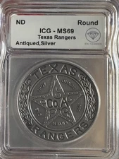ND 1 oz Texas Rangers Round Wagon Wheel Badge ICG MS-69 IDC Verified