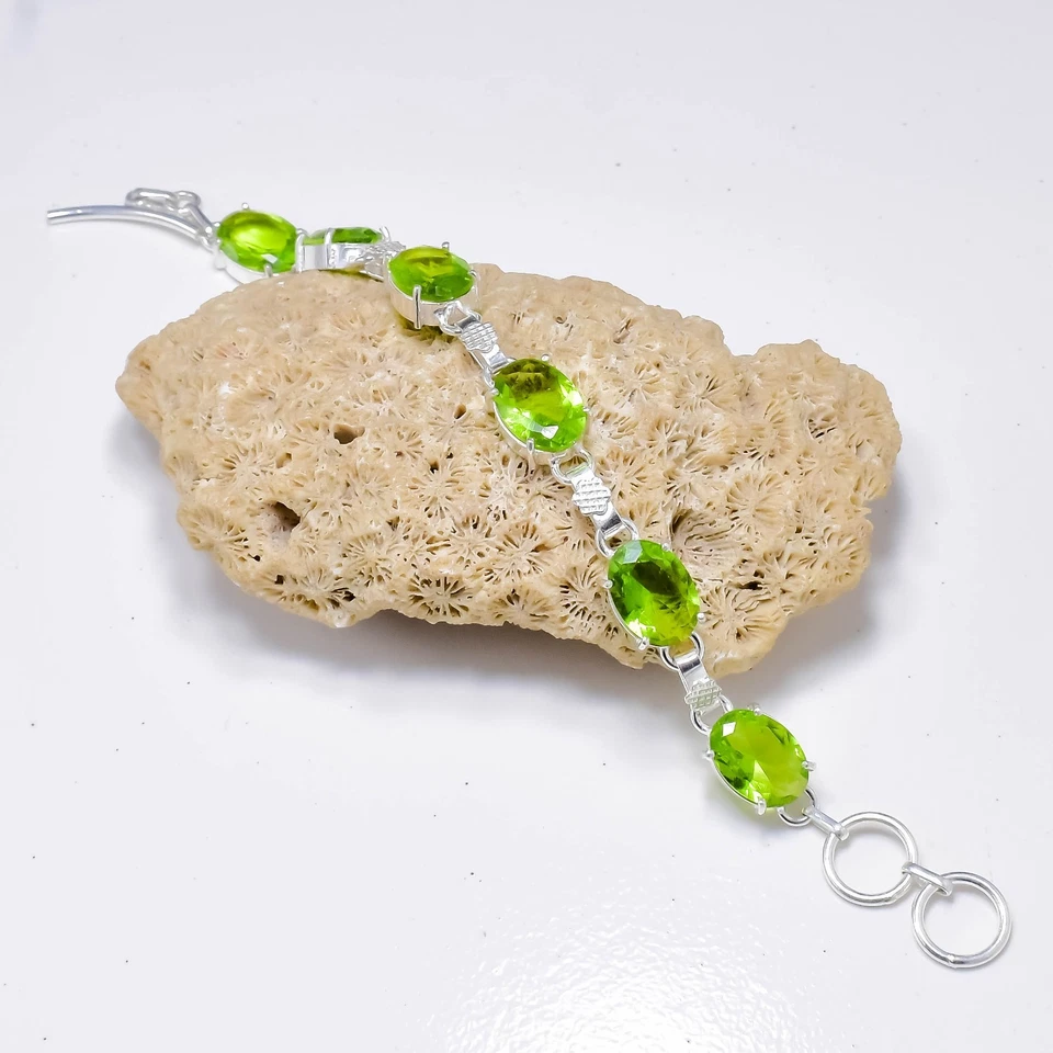 Green Peridot Gemstone Handmade 925 Sterling Silver Jewelry Chain Bracelet - Image 2 of 4