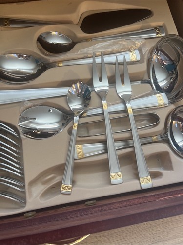 Ménagère Complète Ensemble Couverts Coffret En Bois 71 pcs En Métal Décor Doré - Foto 7 di 9