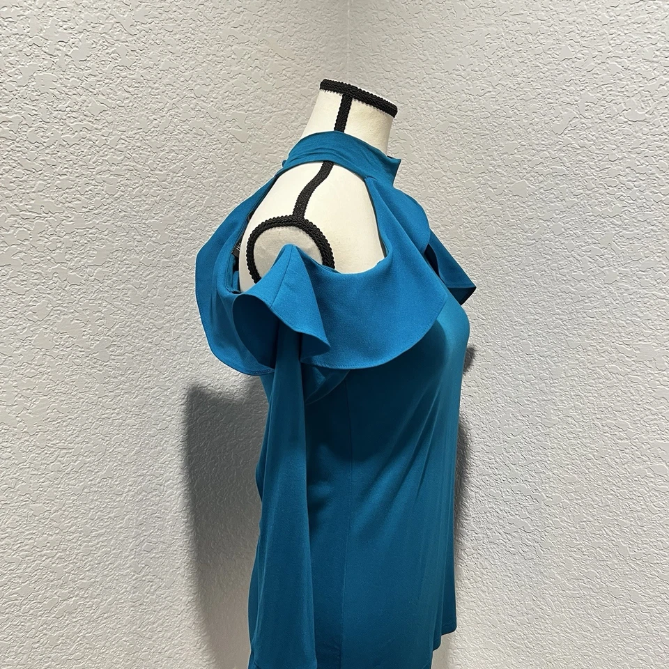 INC Y2K Azul Elástico Halter Volantes Cuello Hombro Frío Impresionante Para Mujer Pequeño Foto 2 de 4