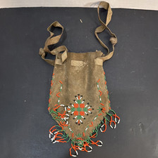 Handmade Native American US Vintage Beaded Leather Pouch Bag w/ Strap  Fringe