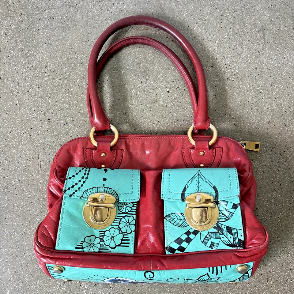 Marc Jacobs винтажный Y2K красный кожаный кошелек с бирюзовый дизайн - Изображение 2 из 4