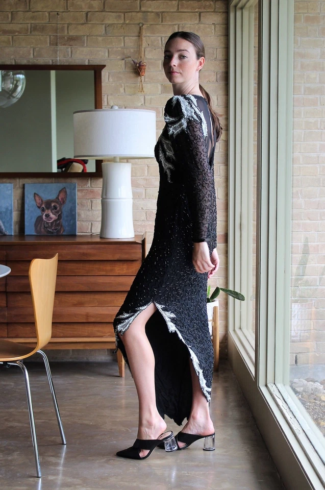 Vintage 80s Beaded Evening Gown A.J. Bari Black Silk Maxi Dress S Women - Image 2 of 4