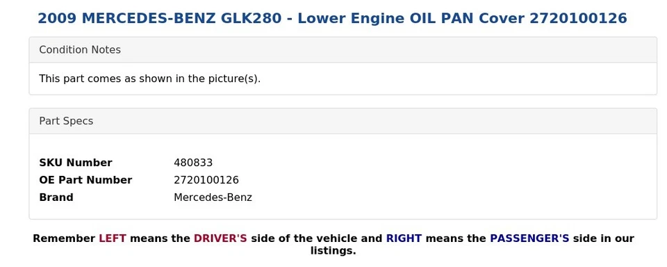 2009 MERCEDES-BENZ GLK280 - Lower Engine OIL PAN Cover 2720100126 - Image 4 of 4