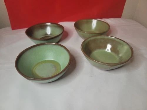 set of 4 Vintage Frankoma 5 X Pottery Coupe Cereal Bowls Plainsman Green