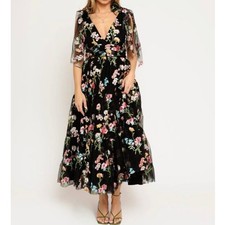 Jessakae Margaret Floral Embroidered Midi Dress Black Size Medium