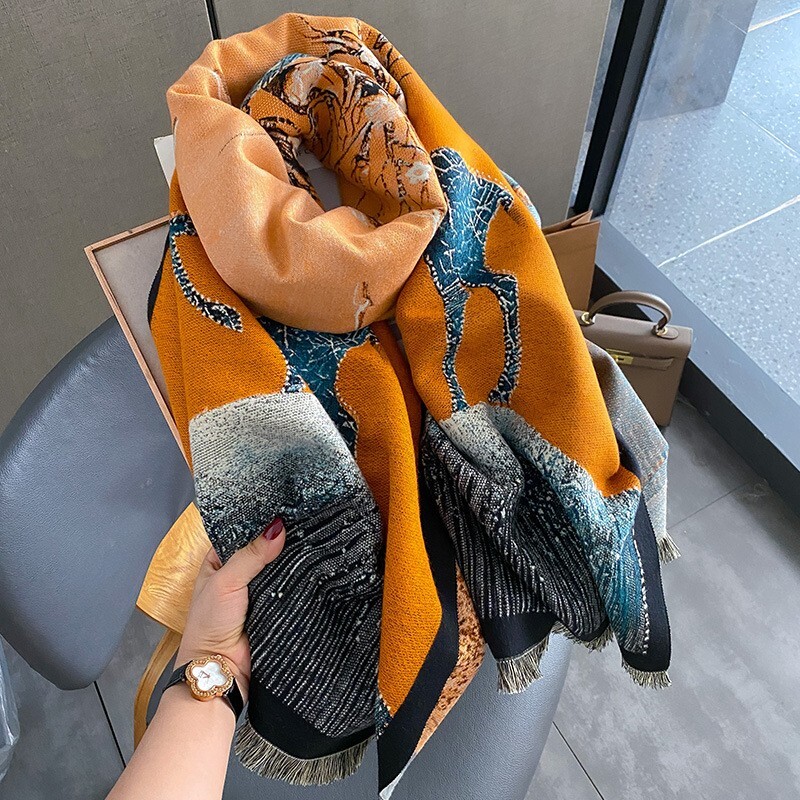 Luxury Imitate Cashmere Pashmina Shawl with Vintage Deer Print 180x60cm for Women