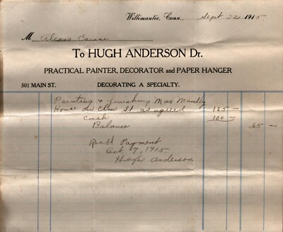 1915  Willimantic  Connecticut  Painter & Paper Hanger  Receipt  8'' x 7''