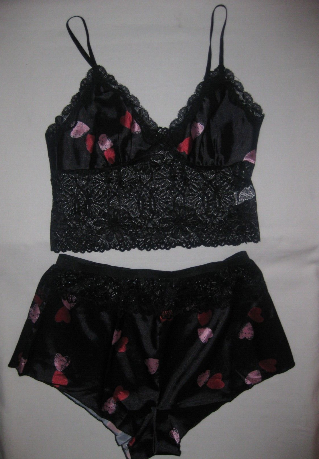 Shein satin lace heart print cami crop top sleep shorts pj set