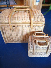 2 Vntg 2 Handle Rattan Woven Wicker Baskets Trunk Storage 12x8x10-6x4x5 REDUCED