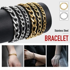 3/5/7/9mm Gold Plated Stainless Steel Figaro Link Chain Bracelet Men Women 7-10"