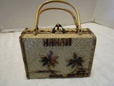 Vintage Wicker-Rattan-Bamboo Purse Taffeta lined HAWAII 1950  s