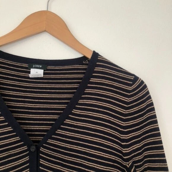 J. CREW Microstripe Cardigan Navy Blue Tan Elbow Patch Cotton WOOL Sweater sz XS - Image 2 of 4