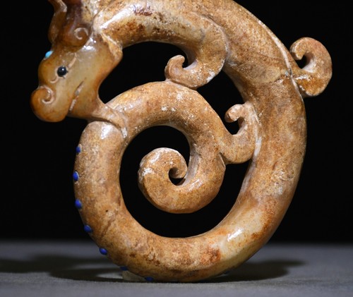 8CM Old Dynasty Jade Inlay Turquoise Dragon Loong Beast Exorcize Amulet Pendant - Picture 6 of 9