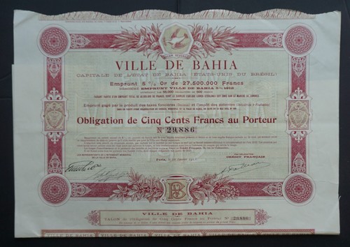 Brazylia - Miasto Bahia - 1913 - 5% złota obligacja za 500 franków -DECO-