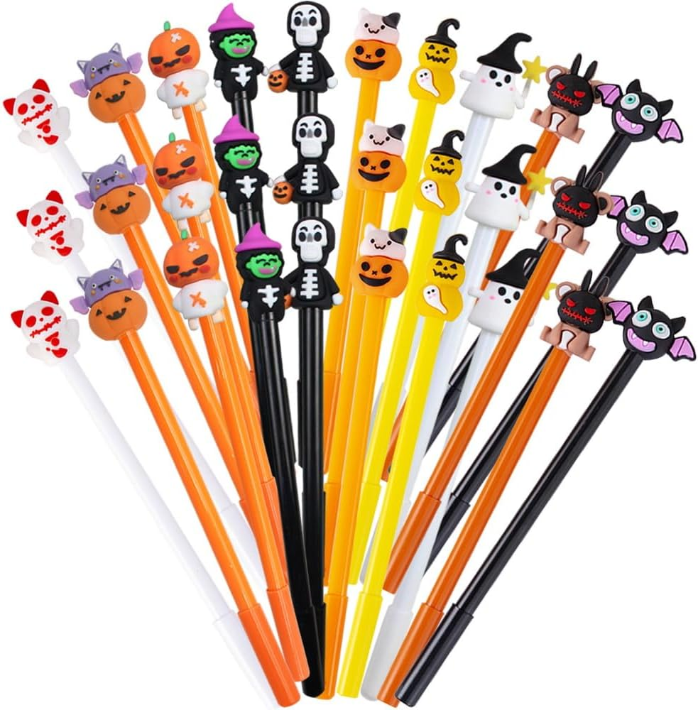 30 Pcs Halloween Pens, Pumpkin Skull Heads Ghost Bat Shape Pens,0.5 MM Bulk Blac
