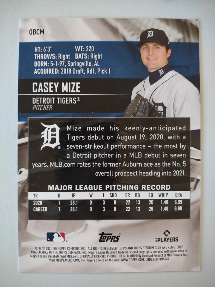 2021 Topps Stadium Club Casey Mize Rookie Card Box Topper OBCM Detroit Tigers - Image 2 of 2