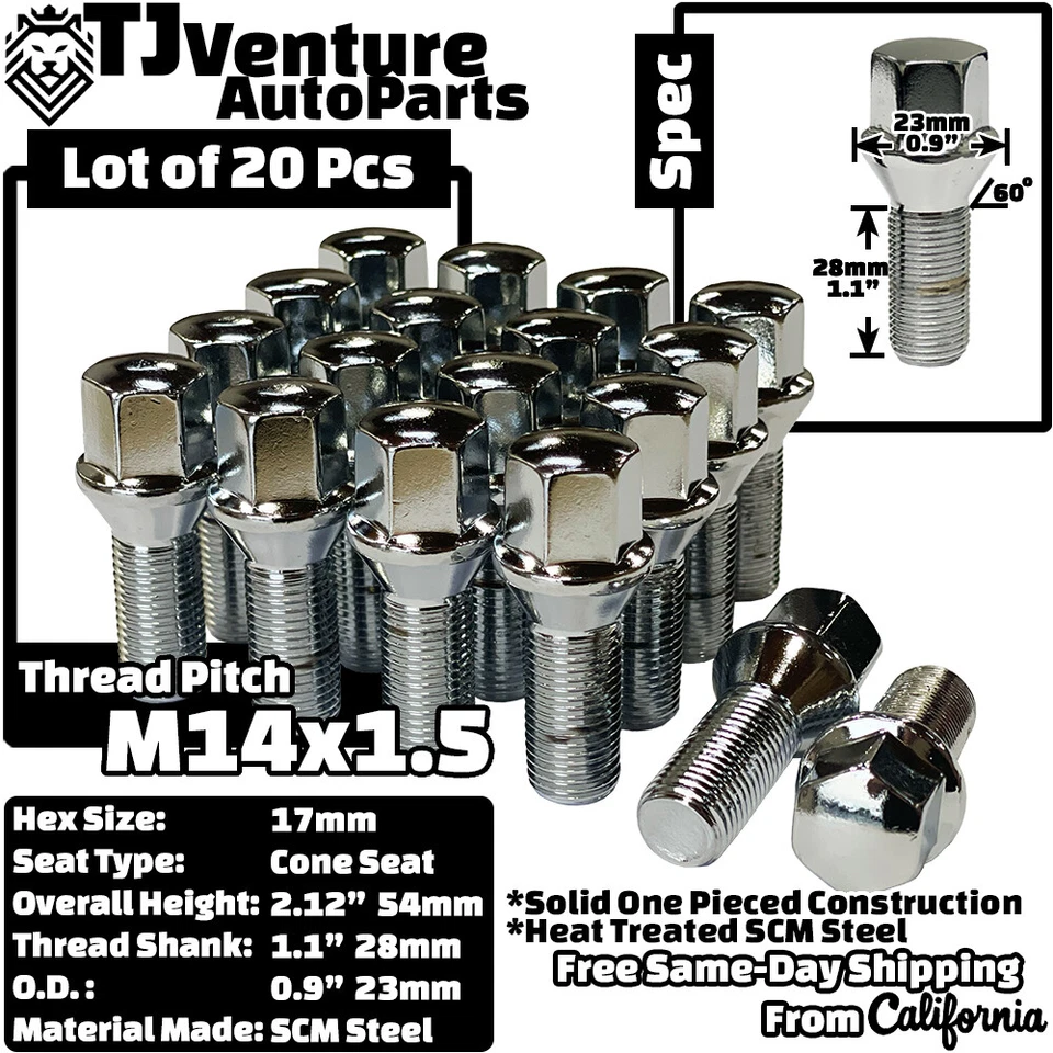 20 piezas cromo M14x1.5 17 mm hexagonal rueda perno 28 mm vástago apto para Volvo NSX QX30 y más Foto 2 de 4