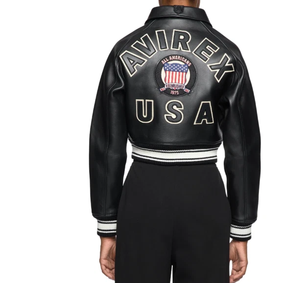 Avirex Women’s Cropped Varsity Leather Jacket Black Bomber Patch Logo Limited - Image 4 of 4