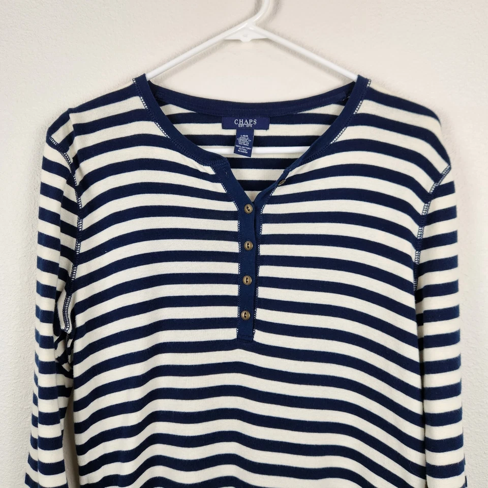 Camisa de mujer Chaps manga larga cuello en V rayas hallina botón náutica talla L algodón Foto 3 de 4