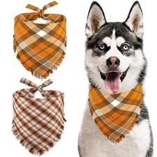 Fall Dog Bandana 2 Pack Autumn Thanksgiving Dog Bandana Large Orange Plaid Pe...